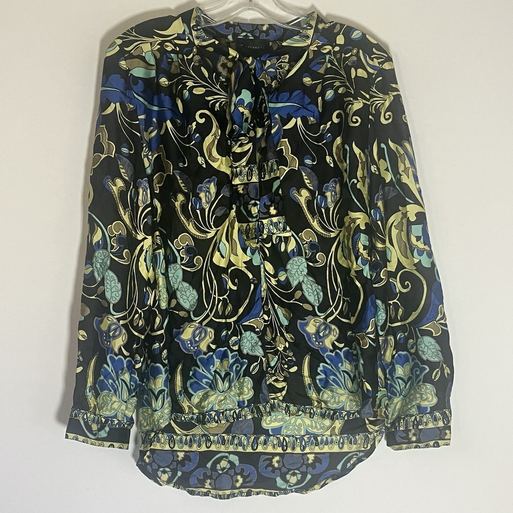 Investments Top Womens 10 Multicolor Paisley Floral Button Up Neck Tie Bow Shirt